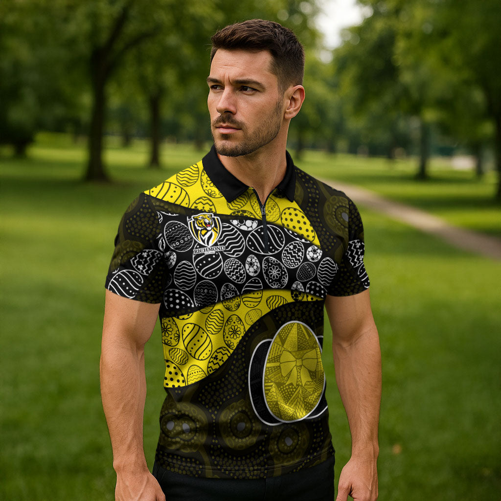 Personalized Richmond Football Zipper Polo Shirt Easter Egg Pattern Yellow Black Tribal Dot Art Style