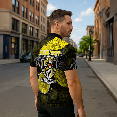 Personalized Richmond Football Zipper Polo Shirt Easter Egg Pattern Yellow Black Tribal Dot Art Style