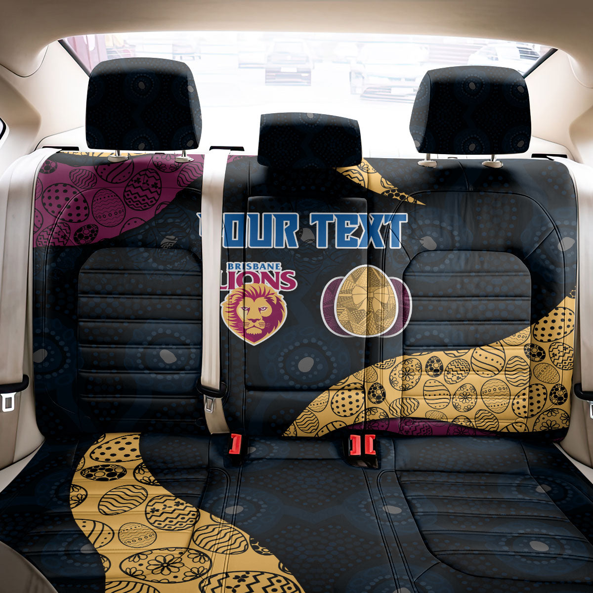 Personalized Brisbane Lions Football Back Car Seat Cover Easter Egg Pattern Maroon Gold Tribal Dot Art Style