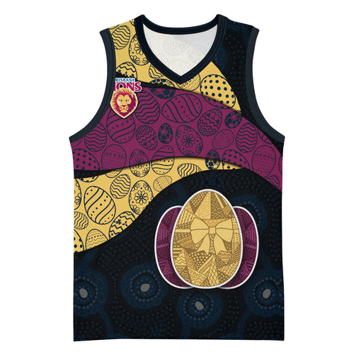 Personalized Brisbane Lions Football Basketball Jersey Easter Egg Pattern Maroon Gold Tribal Dot Art Style
