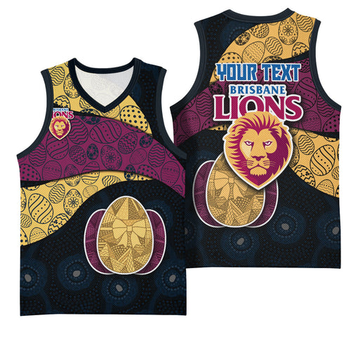 Personalized Brisbane Lions Football Basketball Jersey Easter Egg Pattern Maroon Gold Tribal Dot Art Style