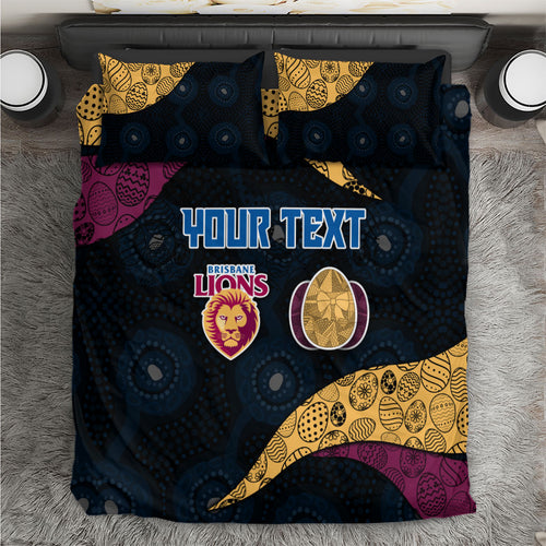 Personalized Brisbane Lions Football Bedding Set Easter Egg Pattern Maroon Gold Tribal Dot Art Style
