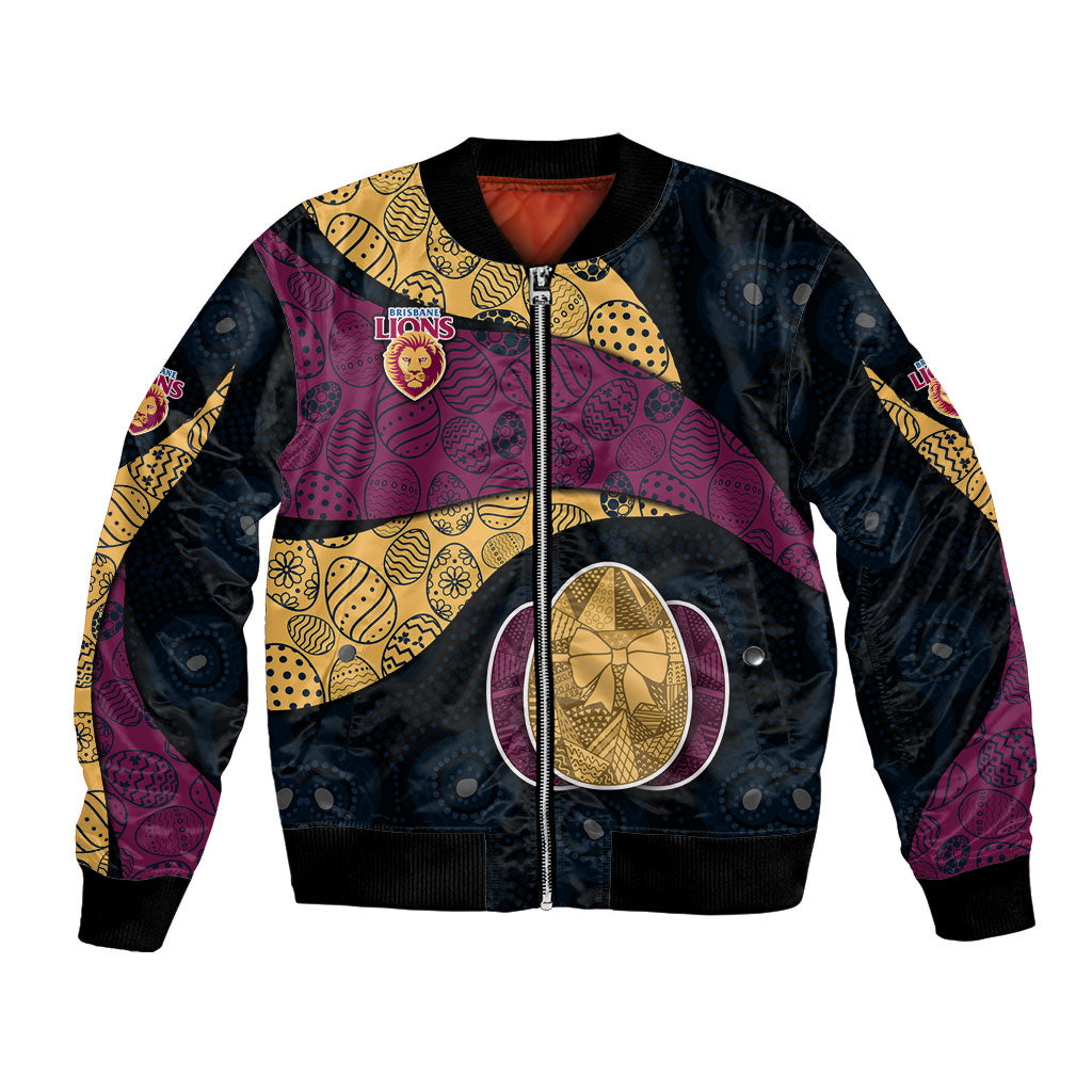 Personalized Brisbane Lions Football Bomber Jacket Easter Egg Pattern Maroon Gold Tribal Dot Art Style