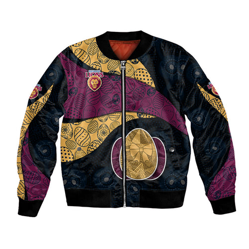 Personalized Brisbane Lions Football Bomber Jacket Easter Egg Pattern Maroon Gold Tribal Dot Art Style