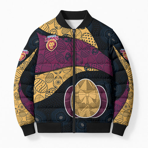 Personalized Brisbane Lions Football Bomber Puffer Jacket Easter Egg Pattern Maroon Gold Tribal Dot Art Style