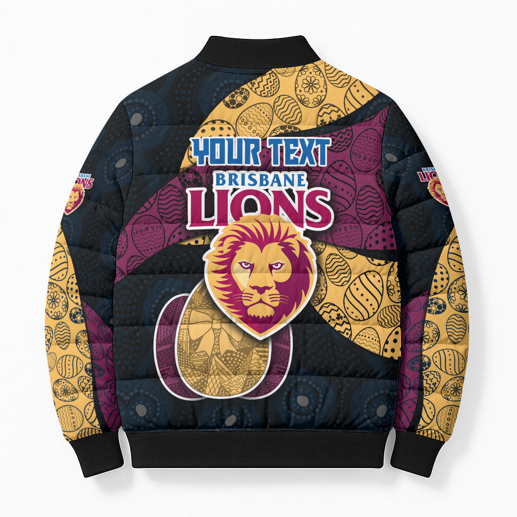 Personalized Brisbane Lions Football Bomber Puffer Jacket Easter Egg Pattern Maroon Gold Tribal Dot Art Style