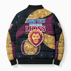 Personalized Brisbane Lions Football Bomber Puffer Jacket Easter Egg Pattern Maroon Gold Tribal Dot Art Style