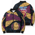 Personalized Brisbane Lions Football Bomber Puffer Jacket Easter Egg Pattern Maroon Gold Tribal Dot Art Style