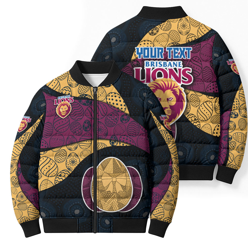 Personalized Brisbane Lions Football Bomber Puffer Jacket Easter Egg Pattern Maroon Gold Tribal Dot Art Style