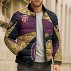 Personalized Brisbane Lions Football Bomber Puffer Jacket Easter Egg Pattern Maroon Gold Tribal Dot Art Style