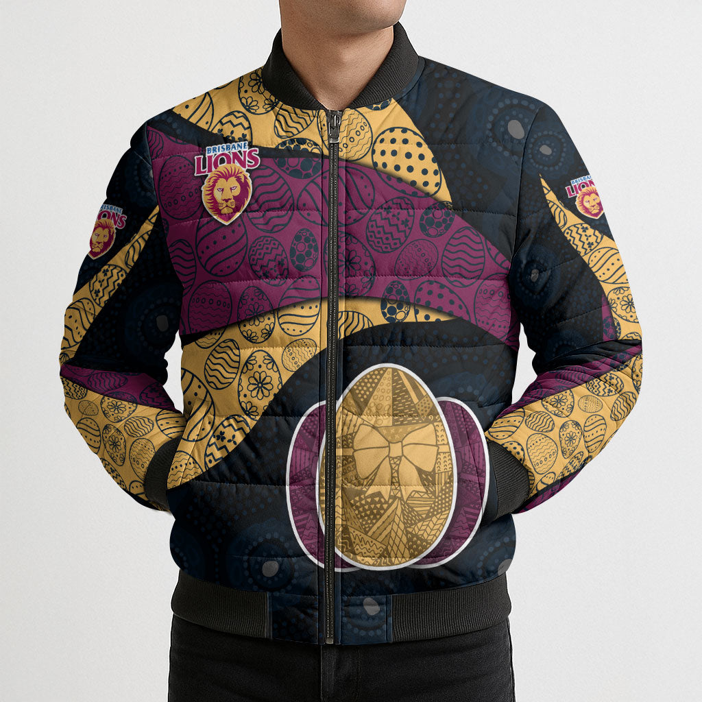 Personalized Brisbane Lions Football Bomber Puffer Jacket Easter Egg Pattern Maroon Gold Tribal Dot Art Style