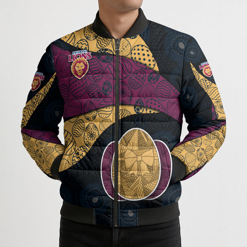 Personalized Brisbane Lions Football Bomber Puffer Jacket Easter Egg Pattern Maroon Gold Tribal Dot Art Style