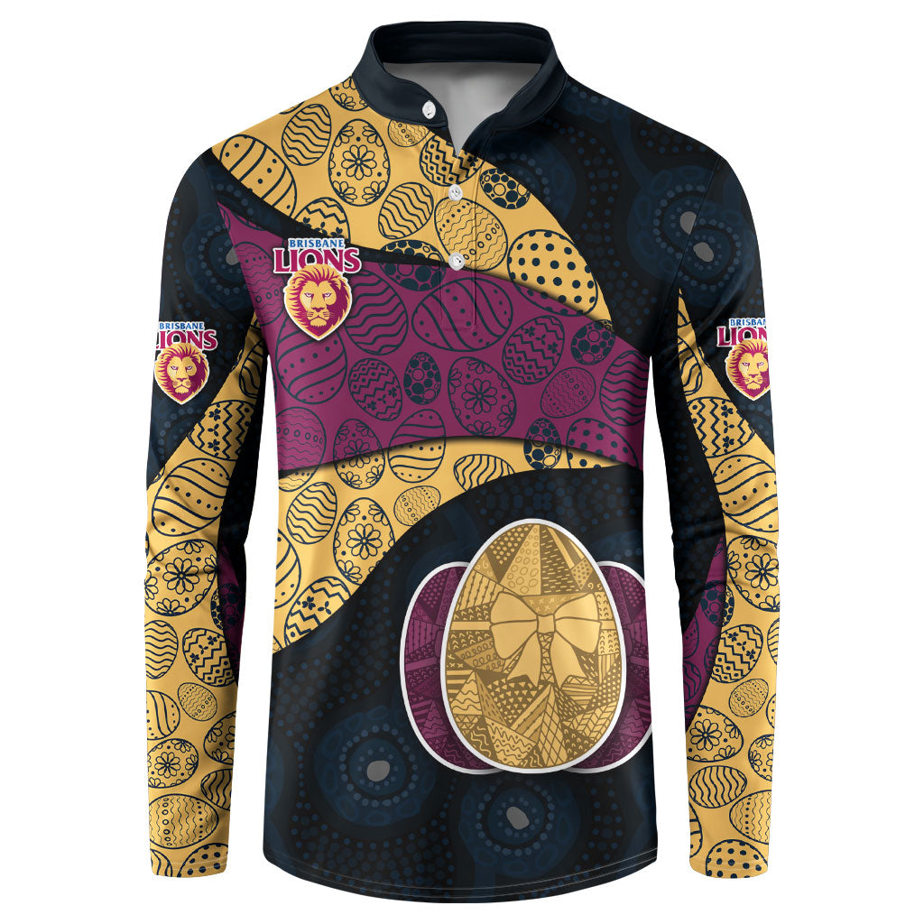 Personalized Brisbane Lions Football Button Sweatshirt Easter Egg Pattern Maroon Gold Tribal Dot Art Style