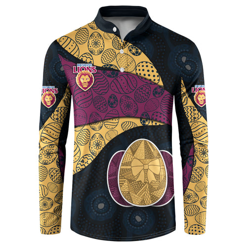 Personalized Brisbane Lions Football Button Sweatshirt Easter Egg Pattern Maroon Gold Tribal Dot Art Style