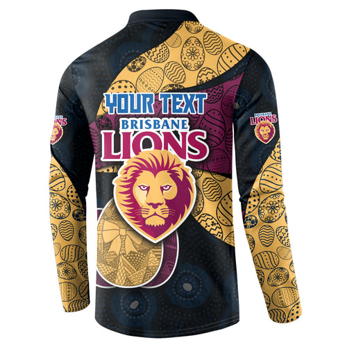 Personalized Brisbane Lions Football Button Sweatshirt Easter Egg Pattern Maroon Gold Tribal Dot Art Style