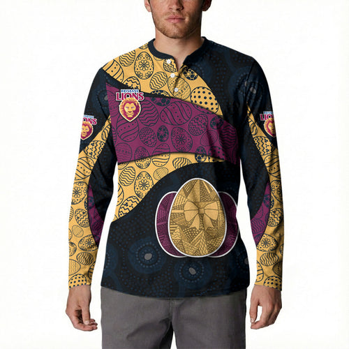 Personalized Brisbane Lions Football Button Sweatshirt Easter Egg Pattern Maroon Gold Tribal Dot Art Style