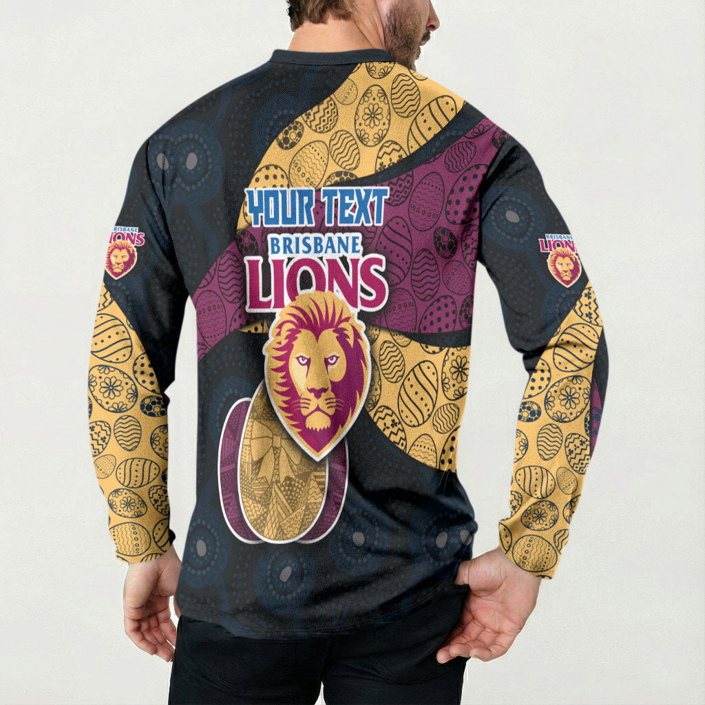 Personalized Brisbane Lions Football Button Sweatshirt Easter Egg Pattern Maroon Gold Tribal Dot Art Style