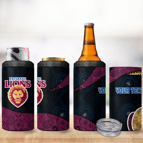 Personalized Brisbane Lions Football 4 in 1 Can Cooler Tumbler Easter Egg Pattern Maroon Gold Tribal Dot Art Style