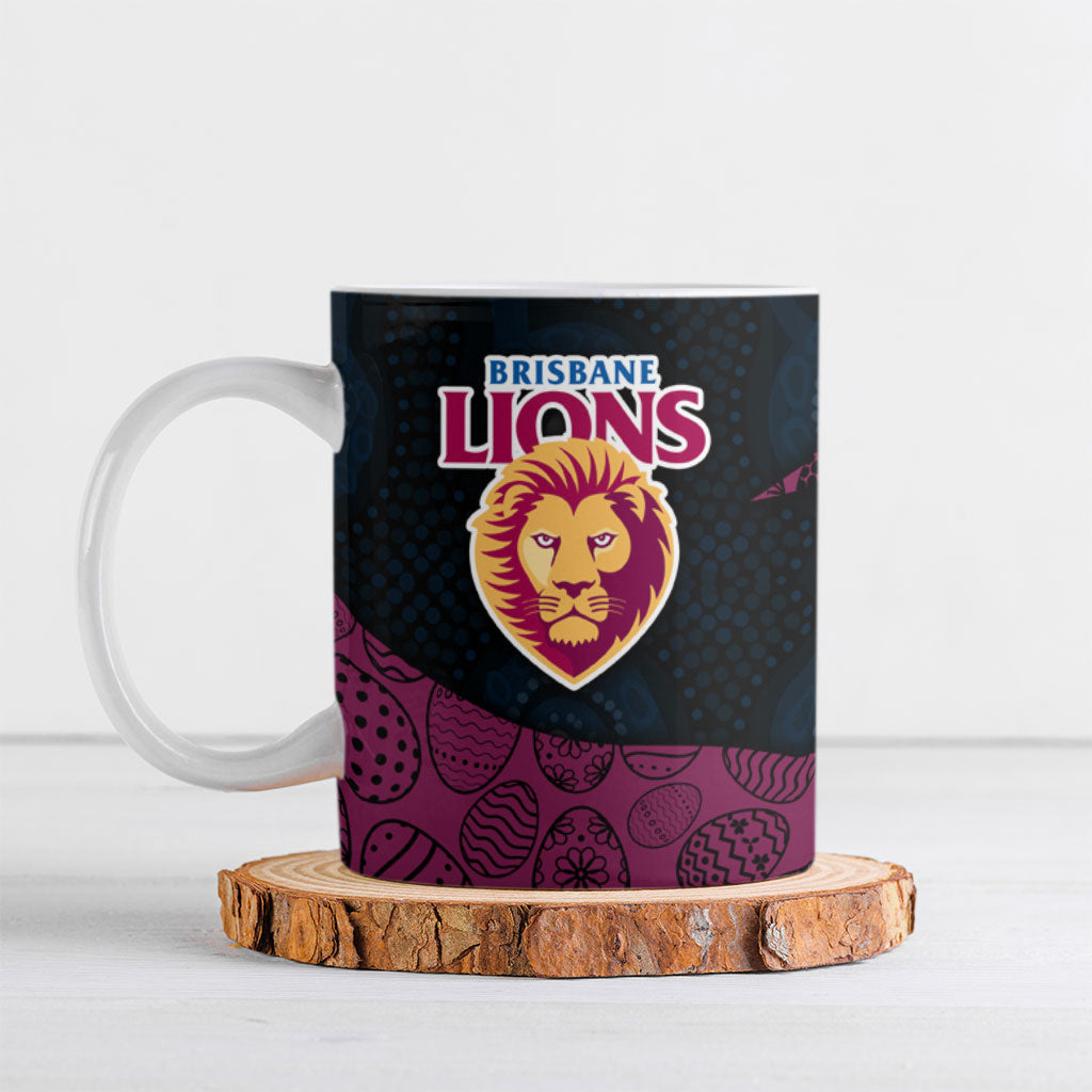 Personalized Brisbane Lions Football Ceramic Mug Easter Egg Pattern Maroon Gold Tribal Dot Art Style