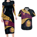 Personalized Brisbane Lions Football Couples Matching Long Sleeve Bodycon Dress and Hawaiian Shirt Easter Egg Pattern Maroon Gold Tribal Dot Art Style