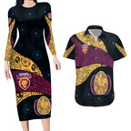 Personalized Brisbane Lions Football Couples Matching Long Sleeve Bodycon Dress and Hawaiian Shirt Easter Egg Pattern Maroon Gold Tribal Dot Art Style