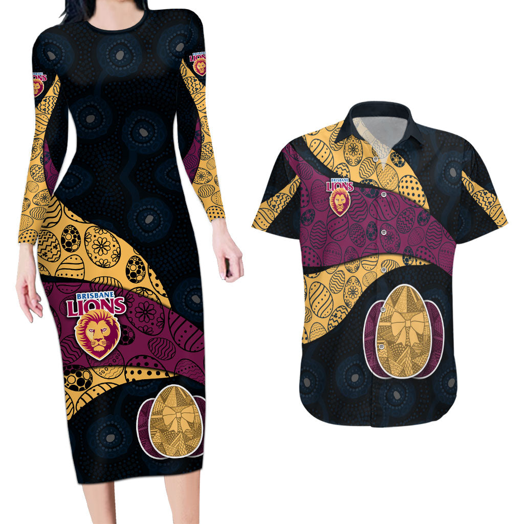 Personalized Brisbane Lions Football Couples Matching Long Sleeve Bodycon Dress and Hawaiian Shirt Easter Egg Pattern Maroon Gold Tribal Dot Art Style
