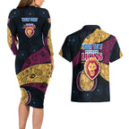 Personalized Brisbane Lions Football Couples Matching Long Sleeve Bodycon Dress and Hawaiian Shirt Easter Egg Pattern Maroon Gold Tribal Dot Art Style