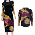Personalized Brisbane Lions Football Couples Matching Long Sleeve Bodycon Dress and Long Sleeve Button Shirt Easter Egg Pattern Maroon Gold Tribal Dot Art Style