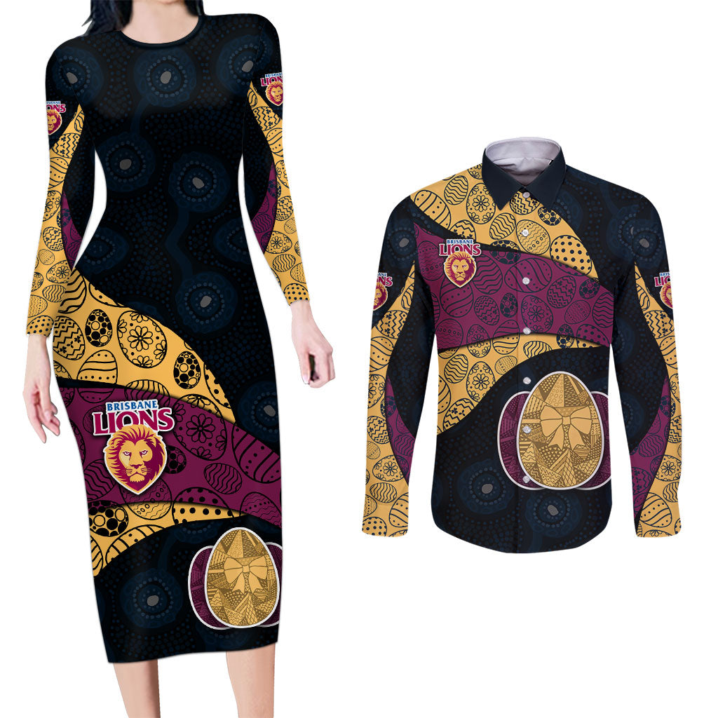 Personalized Brisbane Lions Football Couples Matching Long Sleeve Bodycon Dress and Long Sleeve Button Shirt Easter Egg Pattern Maroon Gold Tribal Dot Art Style
