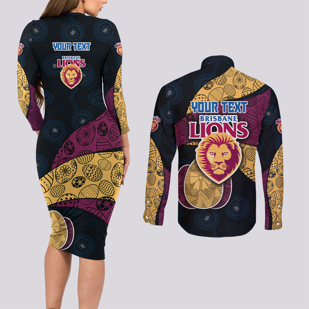 Personalized Brisbane Lions Football Couples Matching Long Sleeve Bodycon Dress and Long Sleeve Button Shirt Easter Egg Pattern Maroon Gold Tribal Dot Art Style