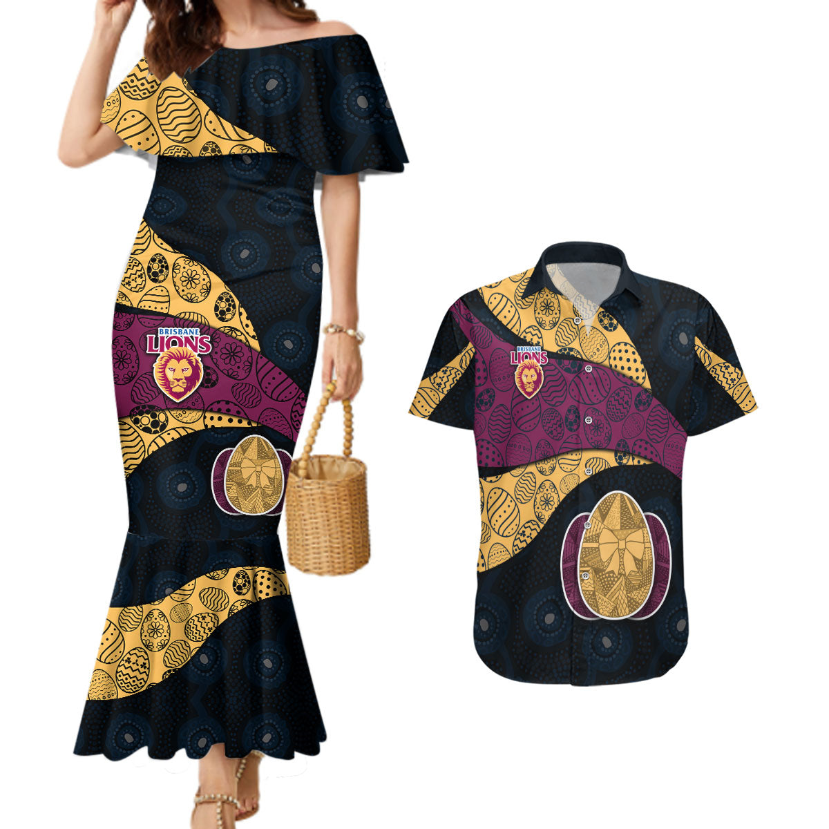 Personalized Brisbane Lions Football Couples Matching Mermaid Dress and Hawaiian Shirt Easter Egg Pattern Maroon Gold Tribal Dot Art Style