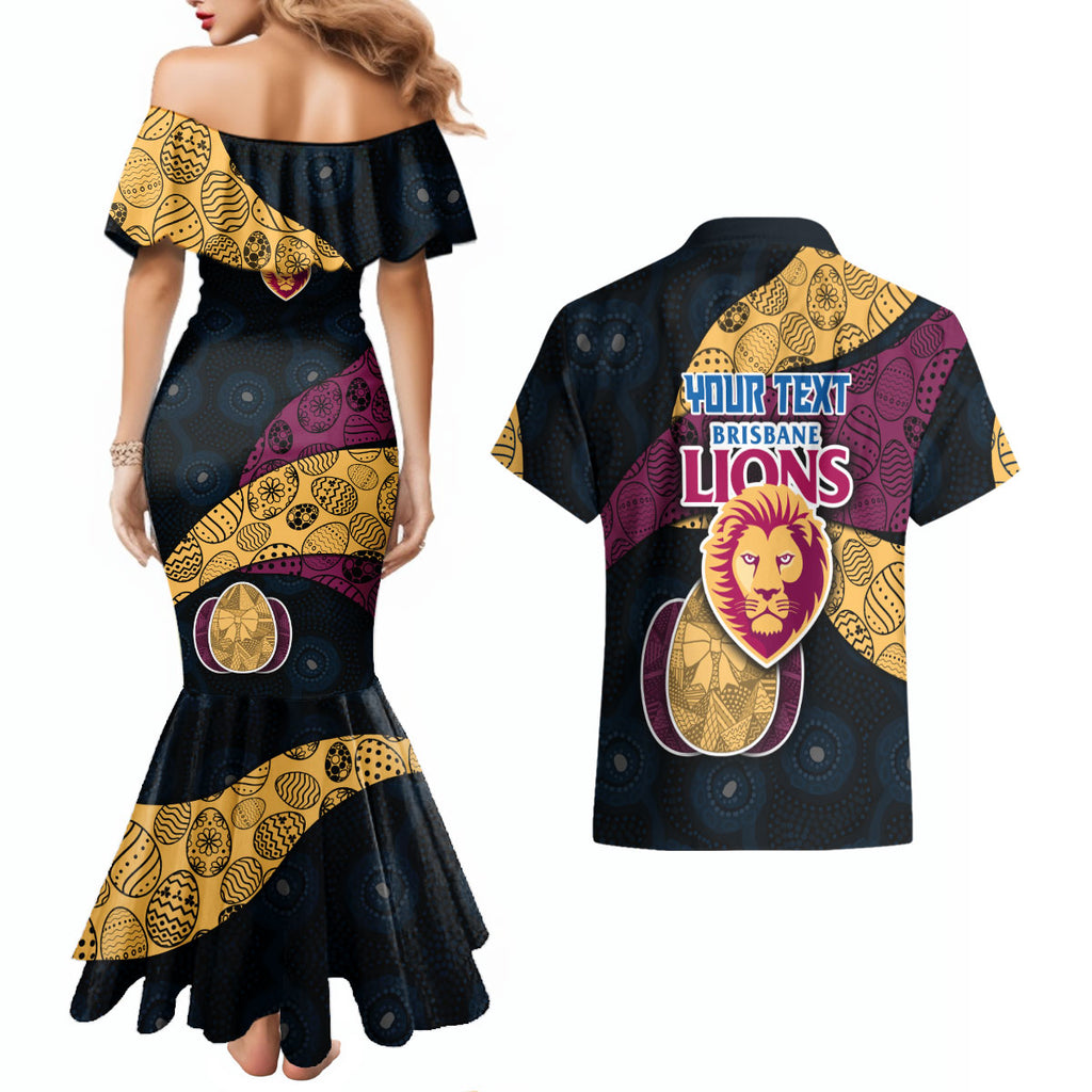 Personalized Brisbane Lions Football Couples Matching Mermaid Dress and Hawaiian Shirt Easter Egg Pattern Maroon Gold Tribal Dot Art Style