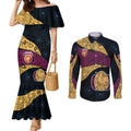 Personalized Brisbane Lions Football Couples Matching Mermaid Dress and Long Sleeve Button Shirt Easter Egg Pattern Maroon Gold Tribal Dot Art Style