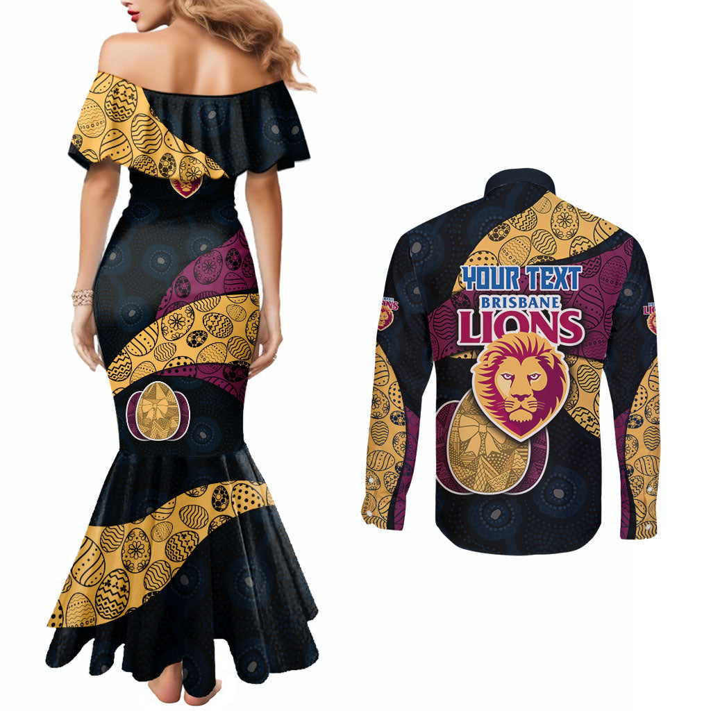 Personalized Brisbane Lions Football Couples Matching Mermaid Dress and Long Sleeve Button Shirt Easter Egg Pattern Maroon Gold Tribal Dot Art Style