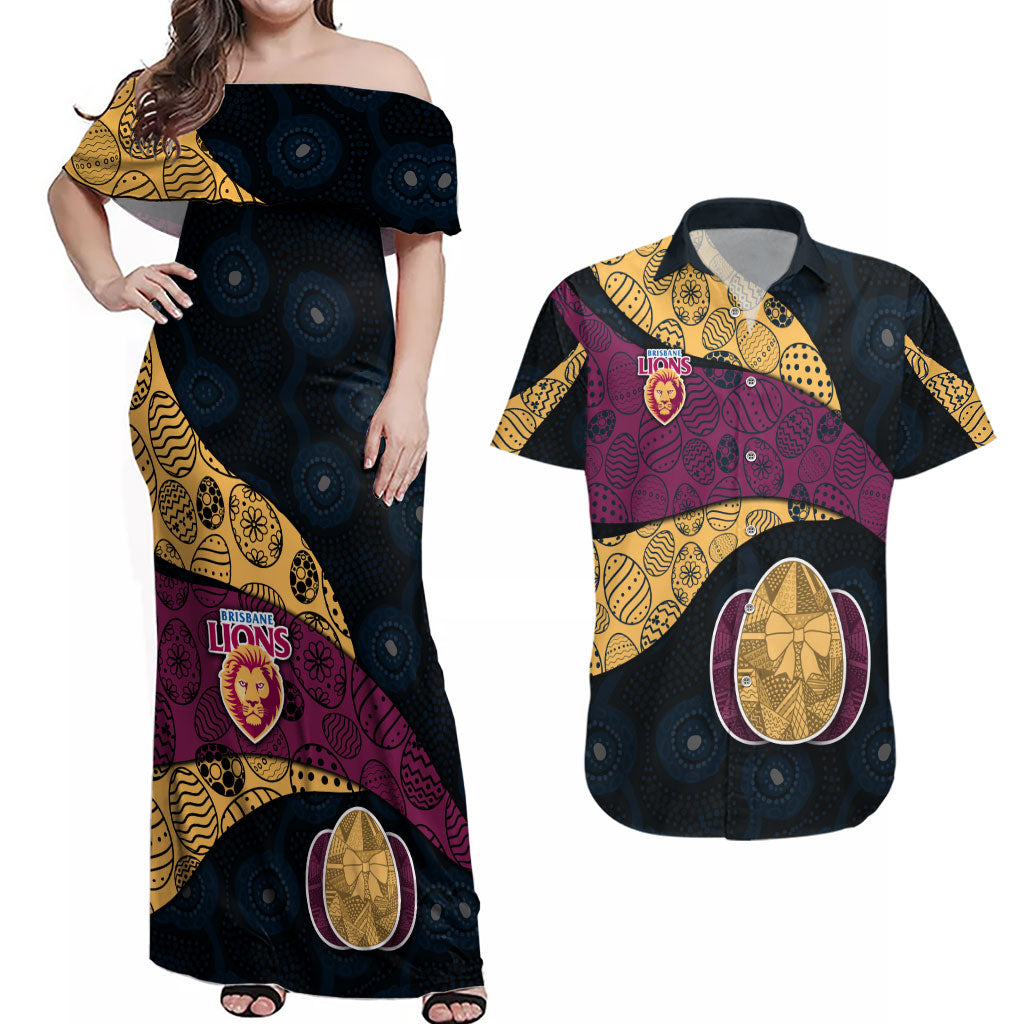 Personalized Brisbane Lions Football Couples Matching Off Shoulder Maxi Dress and Hawaiian Shirt Easter Egg Pattern Maroon Gold Tribal Dot Art Style