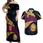 Personalized Brisbane Lions Football Couples Matching Off Shoulder Maxi Dress and Hawaiian Shirt Easter Egg Pattern Maroon Gold Tribal Dot Art Style