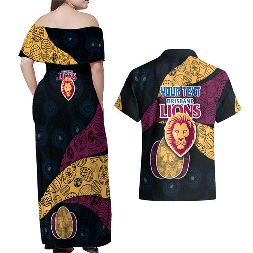 Personalized Brisbane Lions Football Couples Matching Off Shoulder Maxi Dress and Hawaiian Shirt Easter Egg Pattern Maroon Gold Tribal Dot Art Style
