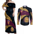 Personalized Brisbane Lions Football Couples Matching Off Shoulder Maxi Dress and Long Sleeve Button Shirt Easter Egg Pattern Maroon Gold Tribal Dot Art Style