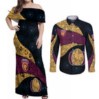 Personalized Brisbane Lions Football Couples Matching Off Shoulder Maxi Dress and Long Sleeve Button Shirt Easter Egg Pattern Maroon Gold Tribal Dot Art Style