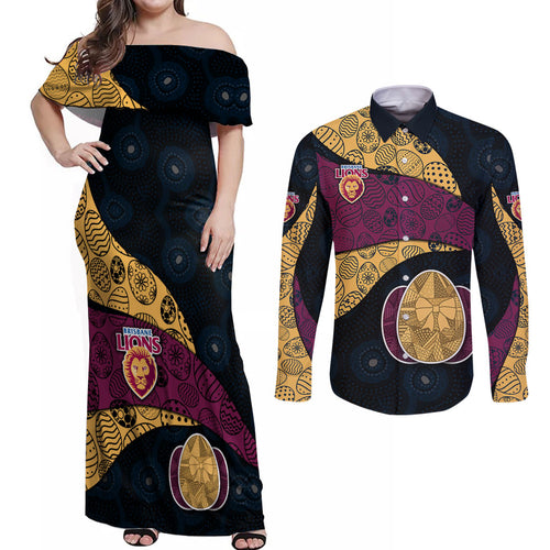 Personalized Brisbane Lions Football Couples Matching Off Shoulder Maxi Dress and Long Sleeve Button Shirt Easter Egg Pattern Maroon Gold Tribal Dot Art Style