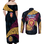 Personalized Brisbane Lions Football Couples Matching Off Shoulder Maxi Dress and Long Sleeve Button Shirt Easter Egg Pattern Maroon Gold Tribal Dot Art Style