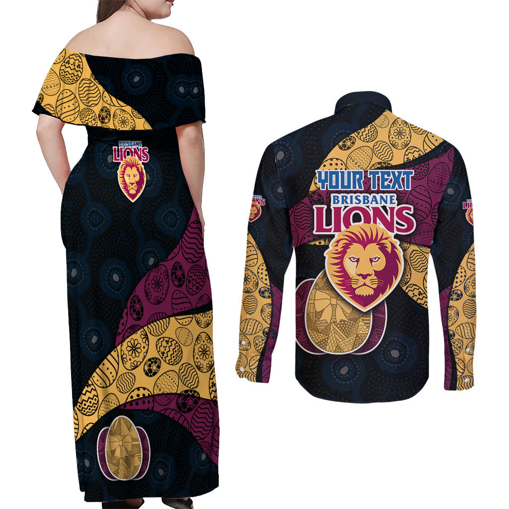 Personalized Brisbane Lions Football Couples Matching Off Shoulder Maxi Dress and Long Sleeve Button Shirt Easter Egg Pattern Maroon Gold Tribal Dot Art Style