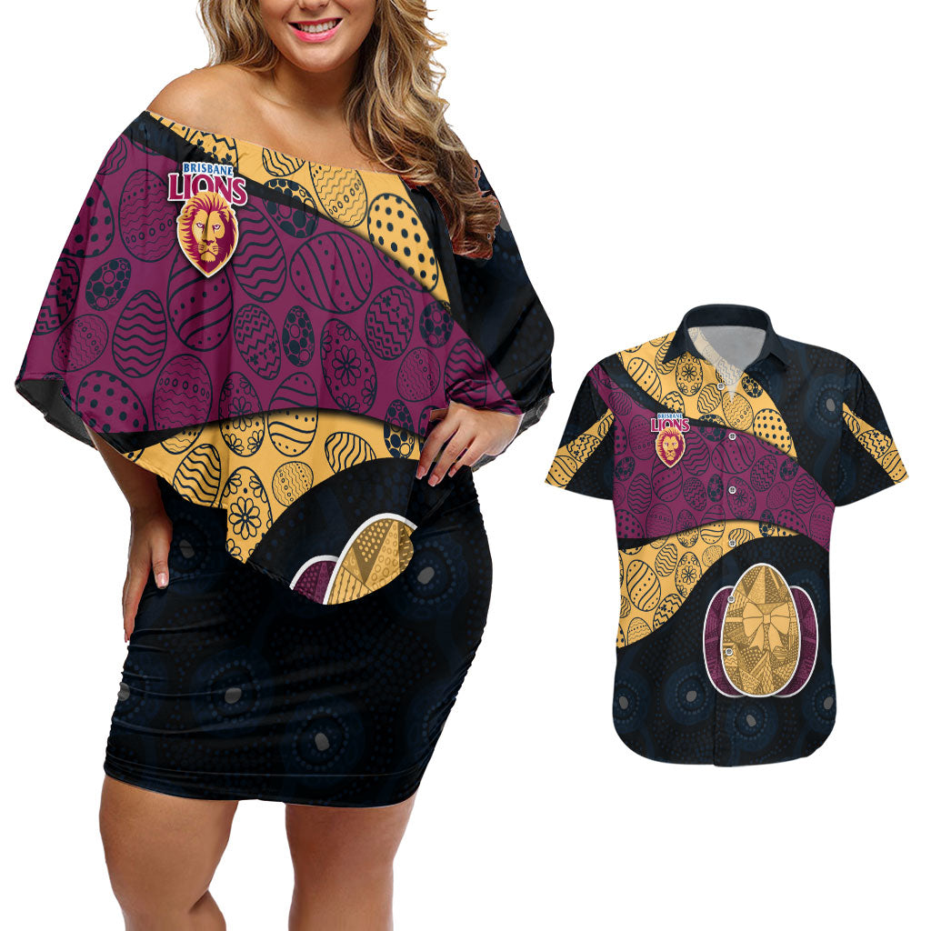 Personalized Brisbane Lions Football Couples Matching Off Shoulder Short Dress and Hawaiian Shirt Easter Egg Pattern Maroon Gold Tribal Dot Art Style
