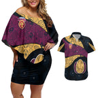 Personalized Brisbane Lions Football Couples Matching Off Shoulder Short Dress and Hawaiian Shirt Easter Egg Pattern Maroon Gold Tribal Dot Art Style