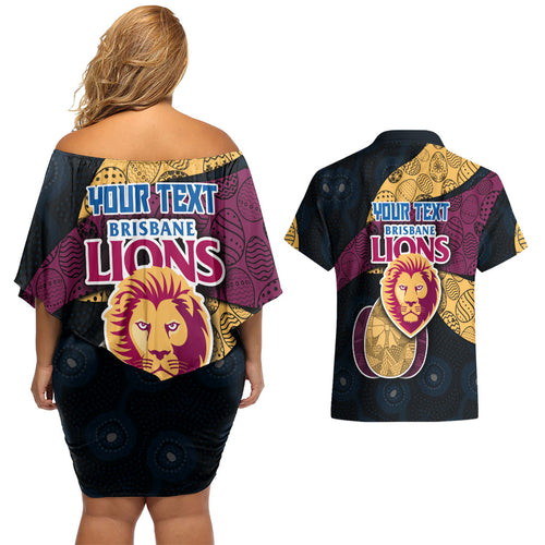 Personalized Brisbane Lions Football Couples Matching Off Shoulder Short Dress and Hawaiian Shirt Easter Egg Pattern Maroon Gold Tribal Dot Art Style