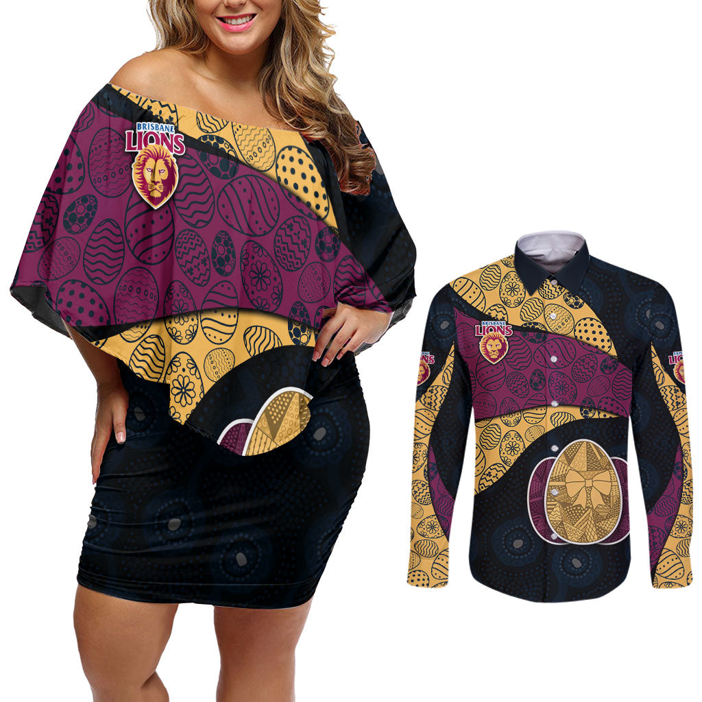 Personalized Brisbane Lions Football Couples Matching Off Shoulder Short Dress and Long Sleeve Button Shirt Easter Egg Pattern Maroon Gold Tribal Dot Art Style