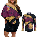 Personalized Brisbane Lions Football Couples Matching Off Shoulder Short Dress and Long Sleeve Button Shirt Easter Egg Pattern Maroon Gold Tribal Dot Art Style