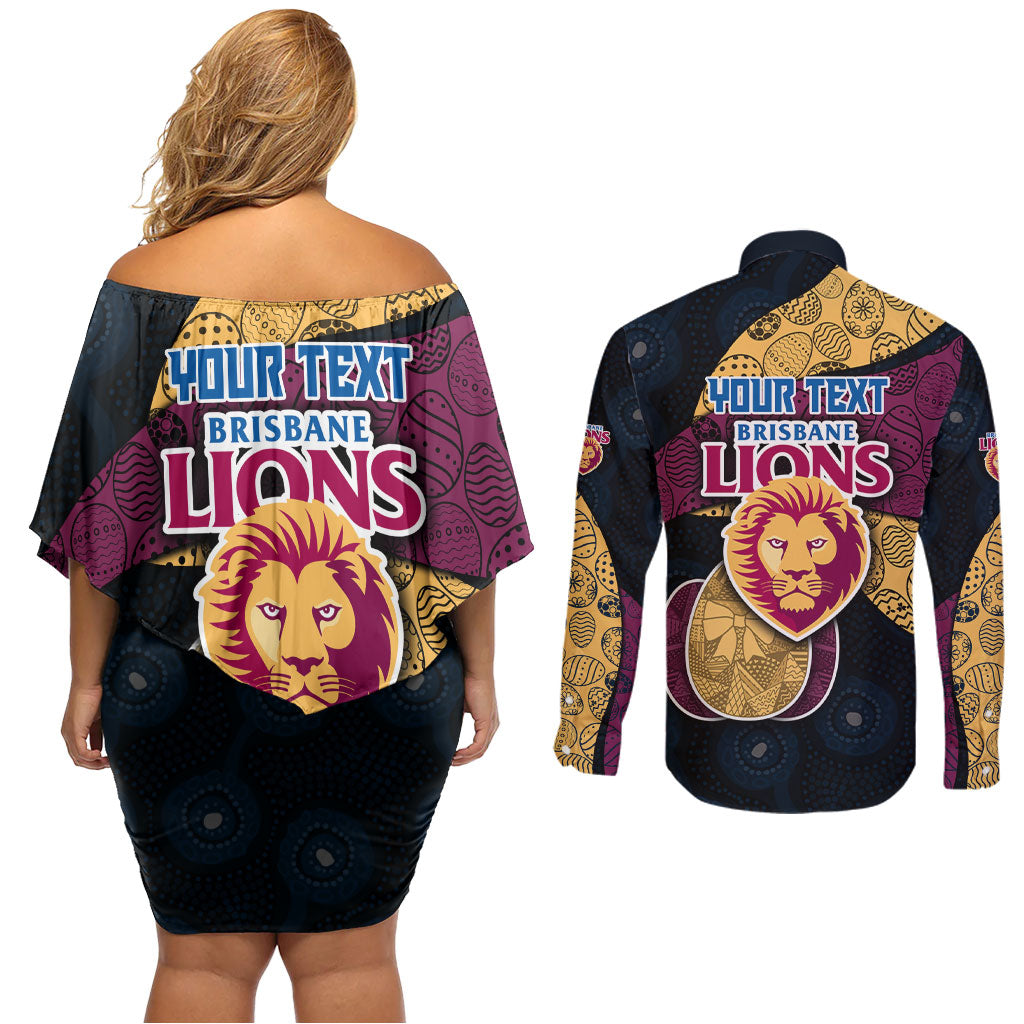 Personalized Brisbane Lions Football Couples Matching Off Shoulder Short Dress and Long Sleeve Button Shirt Easter Egg Pattern Maroon Gold Tribal Dot Art Style