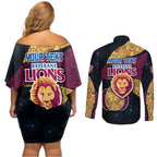 Personalized Brisbane Lions Football Couples Matching Off Shoulder Short Dress and Long Sleeve Button Shirt Easter Egg Pattern Maroon Gold Tribal Dot Art Style