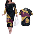 Personalized Brisbane Lions Football Couples Matching Off The Shoulder Long Sleeve Dress and Hawaiian Shirt Easter Egg Pattern Maroon Gold Tribal Dot Art Style